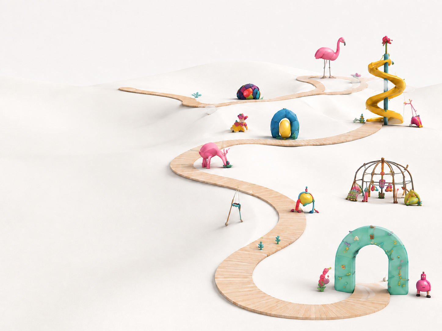 A winding playground world filled with colorful characters, paths, arches, and a slide.