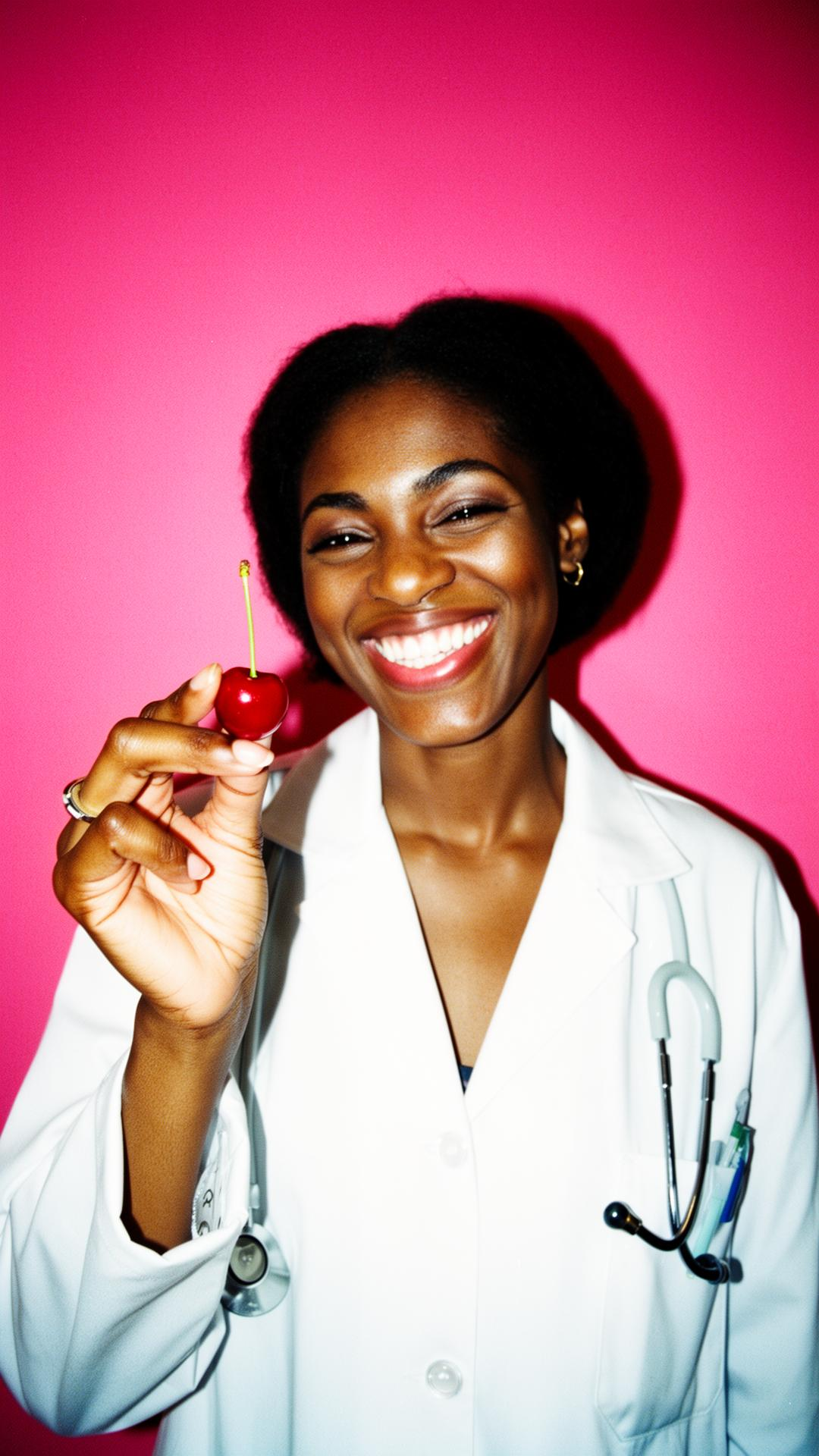 Doctor holding a cherry in an original Cherry Club portrait