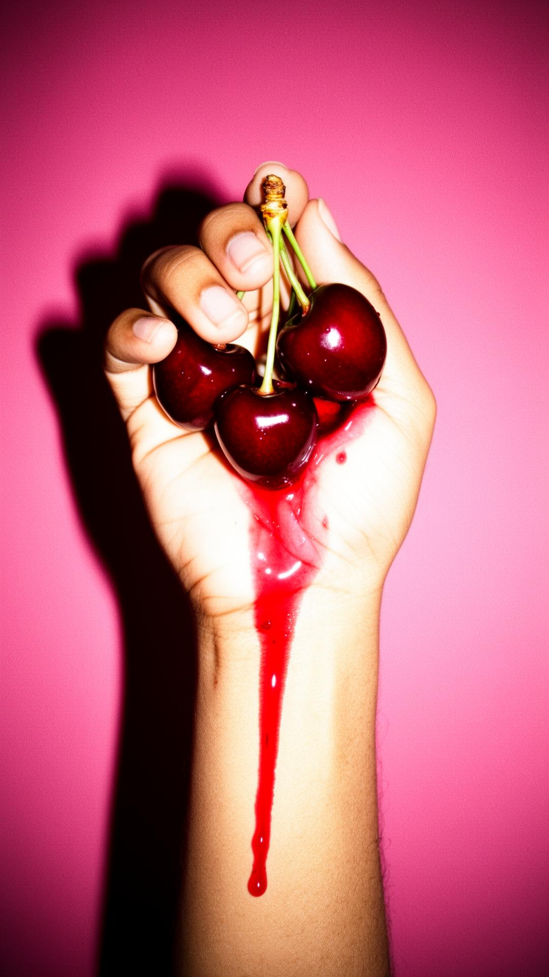 Hand holding cherries in an original Cherry Club product photograph