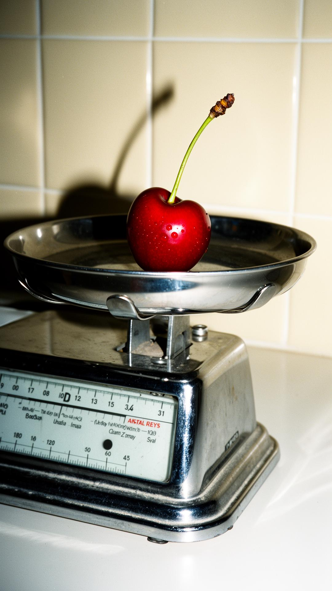 Cherry presented on a weighing scale in an original Cherry Club product photograph